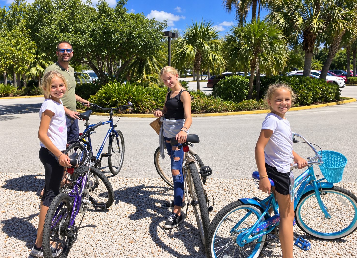 David and his three daughters standing with their bikes under palm trees on Sanibel Island.