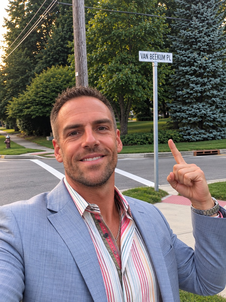 David pointing up at a street sign reading VAN BEEKUM PL in Wyckoff, New Jersey.